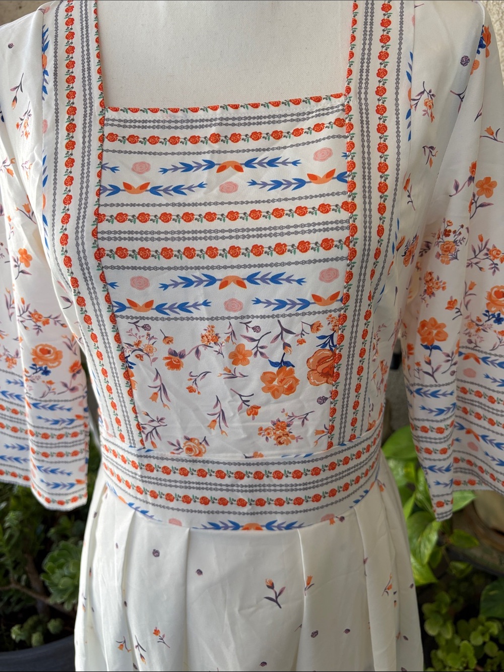 SHIEN Off White Floral Embroidered Midi Dress - Orange & Blue Accents - Picture 2 of 7